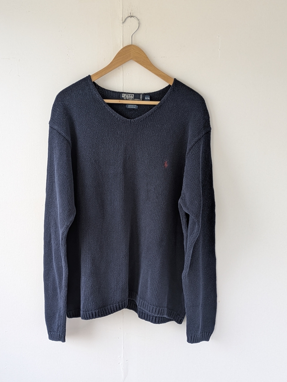 Vintage Polo Ralph Lauren Navy V‑Neck Heavyweight Cotton Knit Sweater Size XL